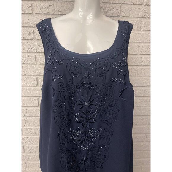 Studio 1 Navy Embroidered Beaded Front Layered Sleeveless Dress Size 22 - Picture 7 of 10